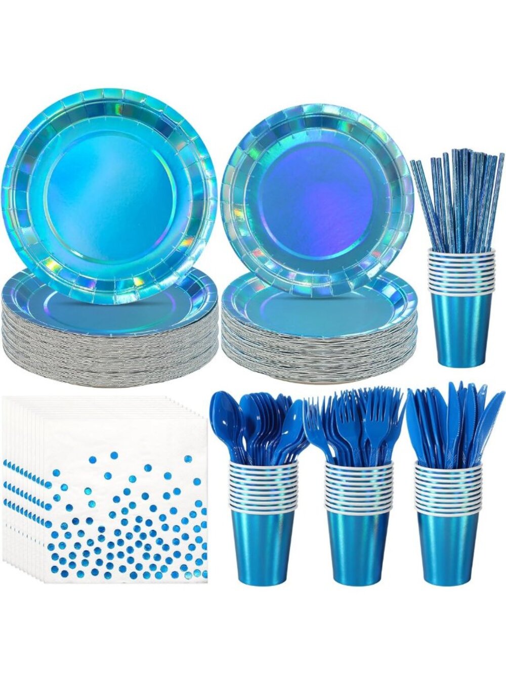 Iridescent Blue Party Supplies for 50 | Holographic Plates, Napkins & Cups